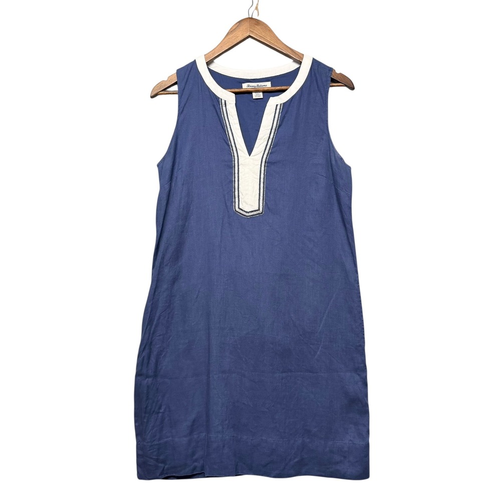 Tommy Bahama Dress Women XS Blue Shift Linen Sleeveless Split Neck Resort Pocket